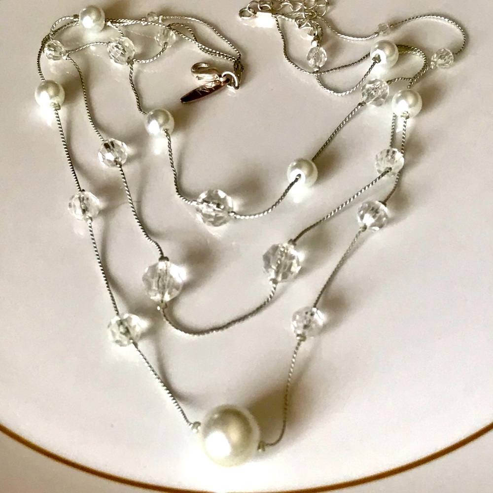 NY Necklace Multi 3 Strand Pearl Crystal Silver